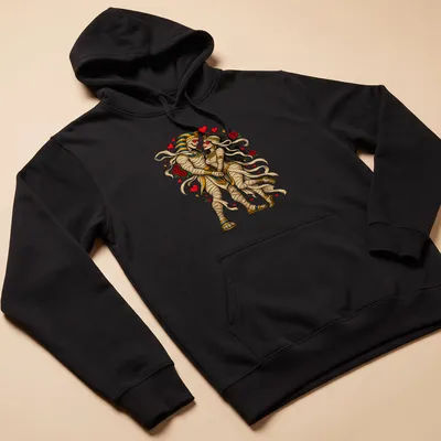 Colorful vintage design of a mummy couple in love holding hands — printed on a unisex hoodie