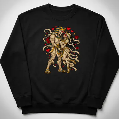 Colorful vintage design of a mummy couple in love holding hands — printed on a unisex sweatshirt