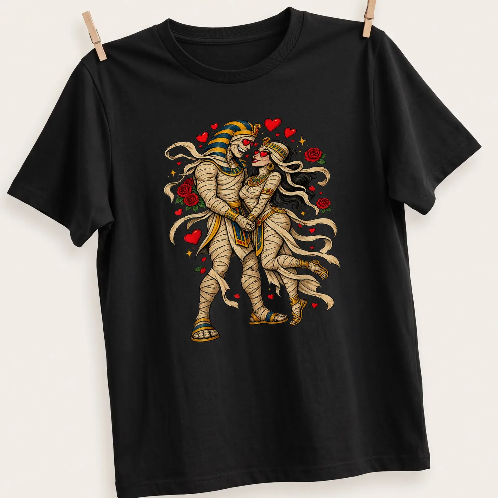 Colorful vintage design of a mummy couple in love holding hands — printed on a unisex t-shirt