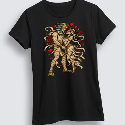Colorful vintage design of a mummy couple in love holding hands — printed on a women's shirt