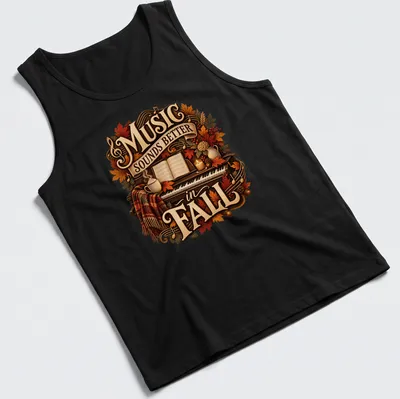 Vintage cozy Music Sounds Better in Fall shirt with piano and autumn leaves — printed on a tank top