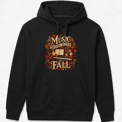 Vintage cozy Music Sounds Better in Fall shirt with piano and autumn leaves — printed on a unisex hoodie