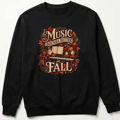 Vintage cozy Music Sounds Better in Fall shirt with piano and autumn leaves — printed on a unisex sweatshirt