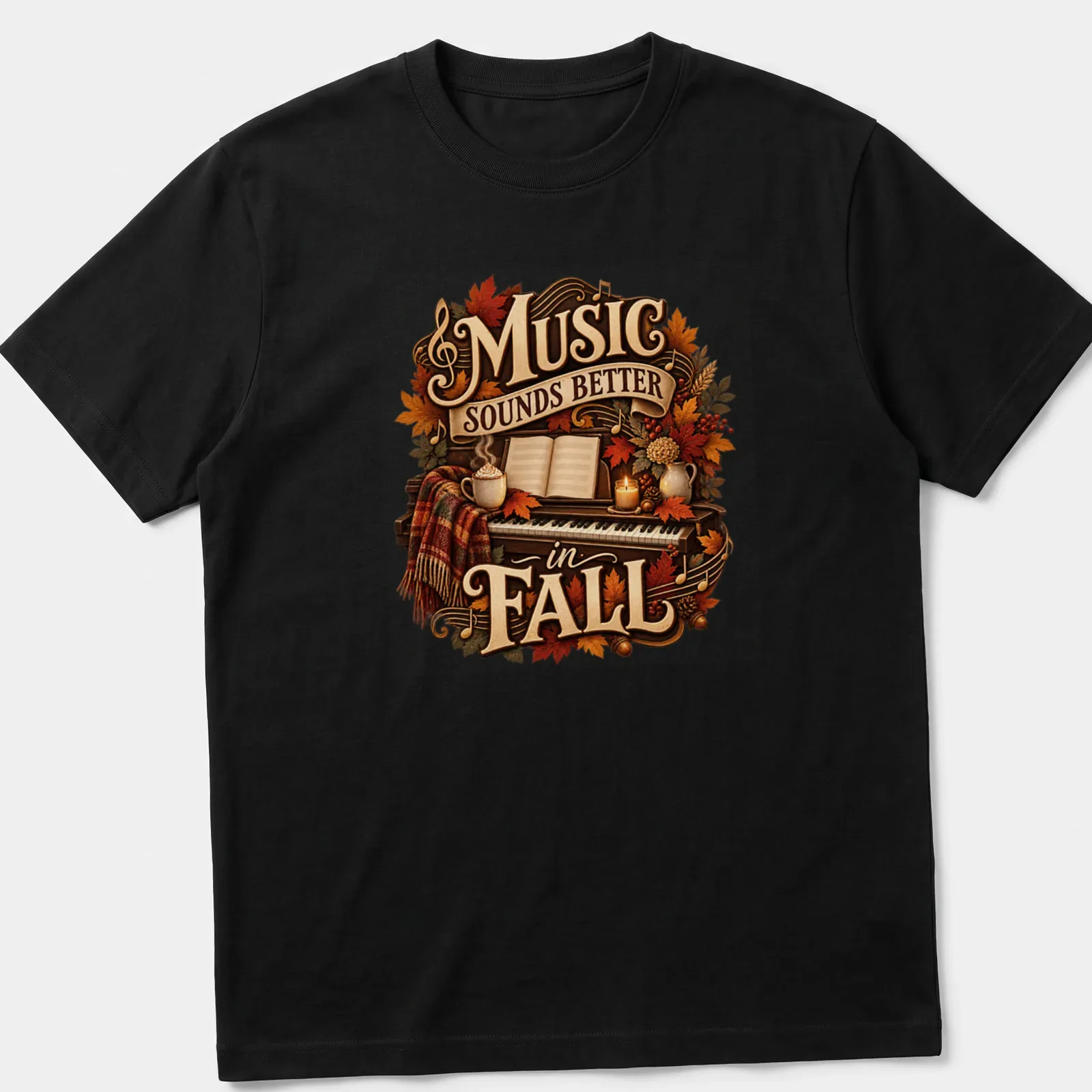 Vintage cozy Music Sounds Better in Fall shirt with piano and autumn leaves — printed on a unisex t-shirt