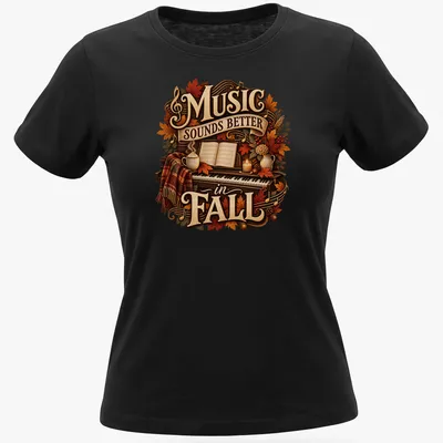 Vintage cozy Music Sounds Better in Fall shirt with piano and autumn leaves — printed on a women's shirt
