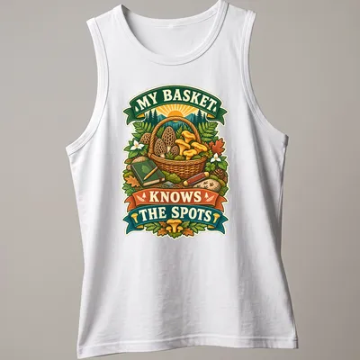 Vintage illustration of a mushroom basket with text showing appreciation for foraging. — printed on a tank top
