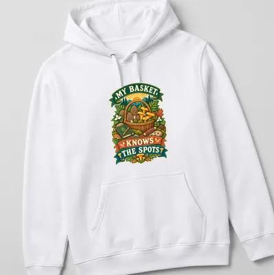 Vintage illustration of a mushroom basket with text showing appreciation for foraging. — printed on a unisex hoodie