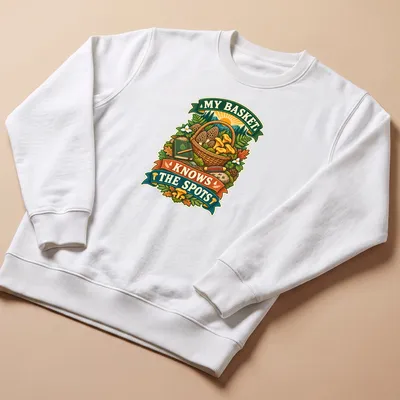 Vintage illustration of a mushroom basket with text showing appreciation for foraging. — printed on a unisex sweatshirt