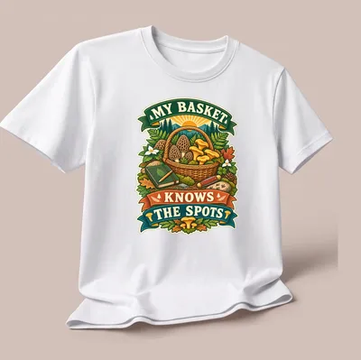 Vintage illustration of a mushroom basket with text showing appreciation for foraging. — printed on a unisex t-shirt (angled view)