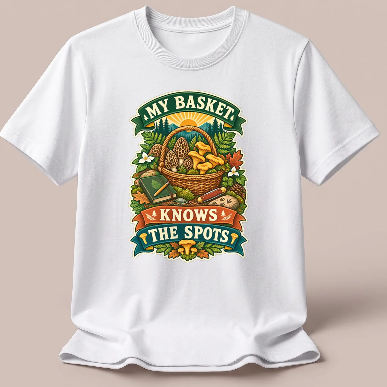 Vintage illustration of a mushroom basket with text showing appreciation for foraging. — printed on a unisex t-shirt