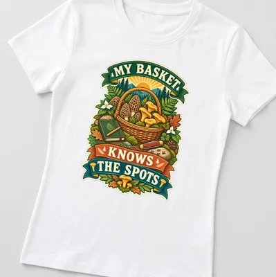 Vintage illustration of a mushroom basket with text showing appreciation for foraging. — printed on a women's shirt