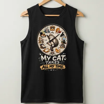 Whimsical cartoon of a sleeping cat and other cats with text about time — printed on a tank top