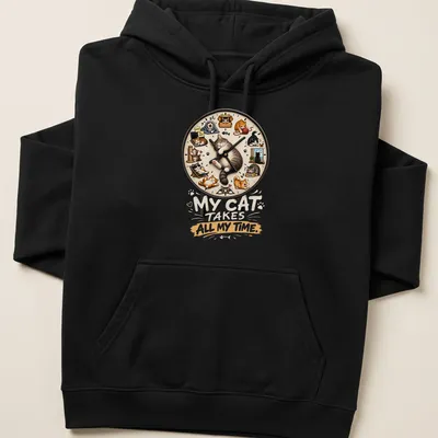 Whimsical cartoon of a sleeping cat and other cats with text about time — printed on a unisex hoodie