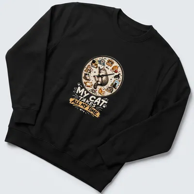 Whimsical cartoon of a sleeping cat and other cats with text about time — printed on a unisex sweatshirt