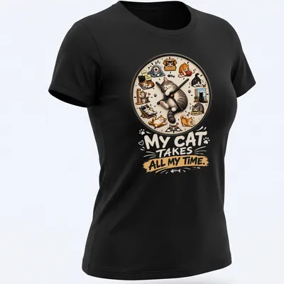 Whimsical cartoon of a sleeping cat and other cats with text about time — printed on a women's shirt