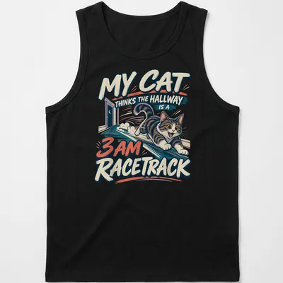 Vintage cartoon T-shirt featuring a playful tabby cat with humorous text about racing in the hallway — printed on a tank top