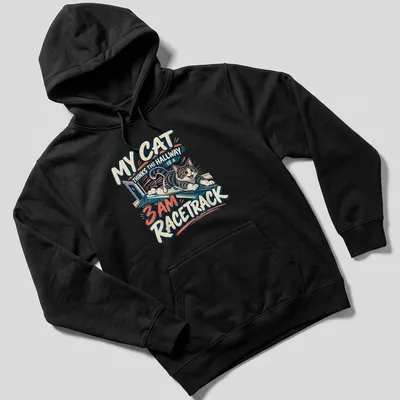Vintage cartoon T-shirt featuring a playful tabby cat with humorous text about racing in the hallway — printed on a unisex hoodie