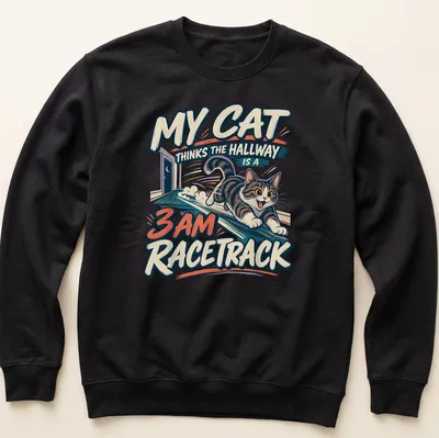 Vintage cartoon T-shirt featuring a playful tabby cat with humorous text about racing in the hallway — printed on a unisex sweatshirt