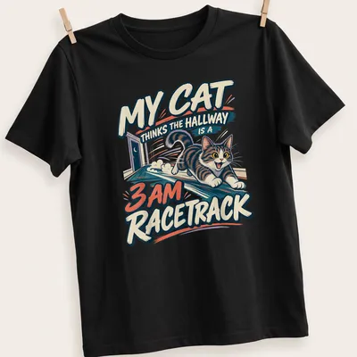 Vintage cartoon T-shirt featuring a playful tabby cat with humorous text about racing in the hallway