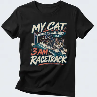 Vintage cartoon T-shirt featuring a playful tabby cat with humorous text about racing in the hallway — printed on a women's shirt