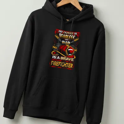Vintage firefighter t-shirt with bold text and helmet graphic in red, orange, yellow, and black — printed on a unisex hoodie