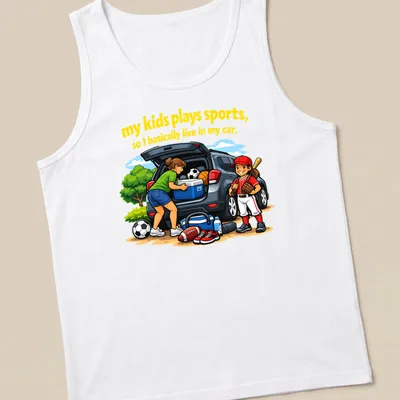 Cartoon design showing a family in a car with sports equipment and colorful text — printed on a tank top