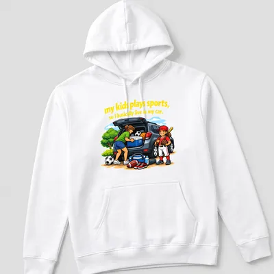 Cartoon design showing a family in a car with sports equipment and colorful text — printed on a unisex hoodie