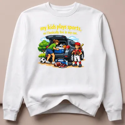 Cartoon design showing a family in a car with sports equipment and colorful text — printed on a unisex sweatshirt