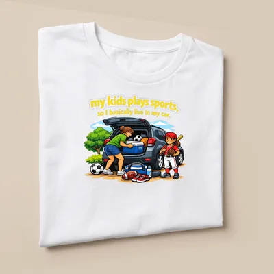 Cartoon design showing a family in a car with sports equipment and colorful text — printed on a unisex t-shirt (angled view)