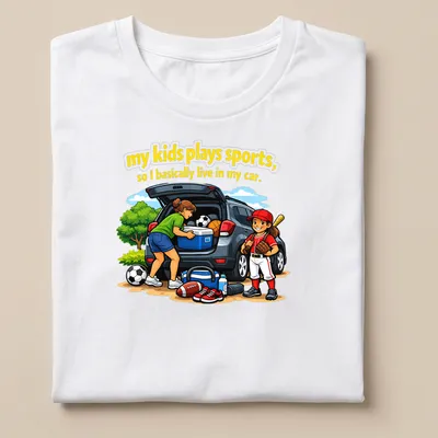 Cartoon design showing a family in a car with sports equipment and colorful text
