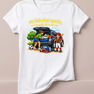 Cartoon design showing a family in a car with sports equipment and colorful text — printed on a women's shirt