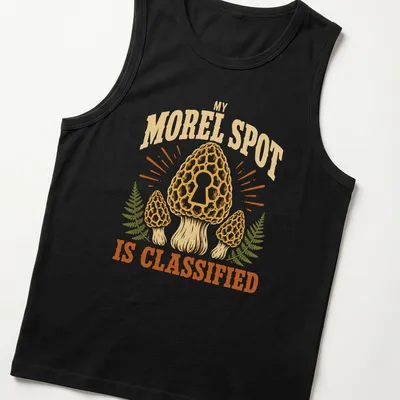 Vintage mushroom hunting shirt with the phrase 'My Morel Spot Is Classified' and morel mushrooms illustration — printed on a tank top