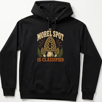 Vintage mushroom hunting shirt with the phrase 'My Morel Spot Is Classified' and morel mushrooms illustration — printed on a unisex hoodie