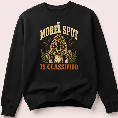 Vintage mushroom hunting shirt with the phrase 'My Morel Spot Is Classified' and morel mushrooms illustration — printed on a unisex sweatshirt