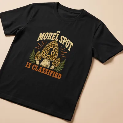 Vintage mushroom hunting shirt with the phrase 'My Morel Spot Is Classified' and morel mushrooms illustration