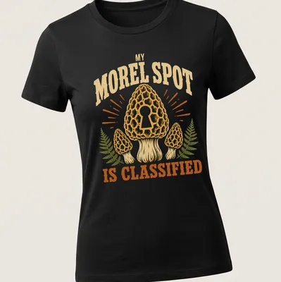 Vintage mushroom hunting shirt with the phrase 'My Morel Spot Is Classified' and morel mushrooms illustration — printed on a women's shirt