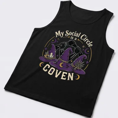 Whimsical illustration of three witch hats with hands and humorous text on a — printed on a tank top