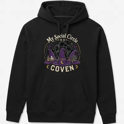 Whimsical illustration of three witch hats with hands and humorous text on a — printed on a unisex hoodie