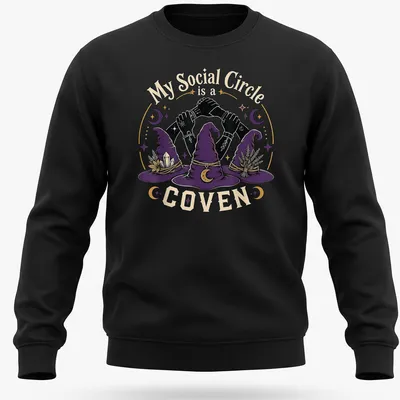 Whimsical illustration of three witch hats with hands and humorous text on a — printed on a unisex sweatshirt