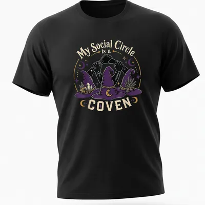 Whimsical illustration of three witch hats with hands and humorous text on a T-shirt