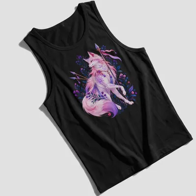 Fantasy art t-shirt featuring a mystical spirit fox in vibrant colors — printed on a tank top