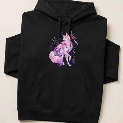 Fantasy art t-shirt featuring a mystical spirit fox in vibrant colors — printed on a unisex hoodie