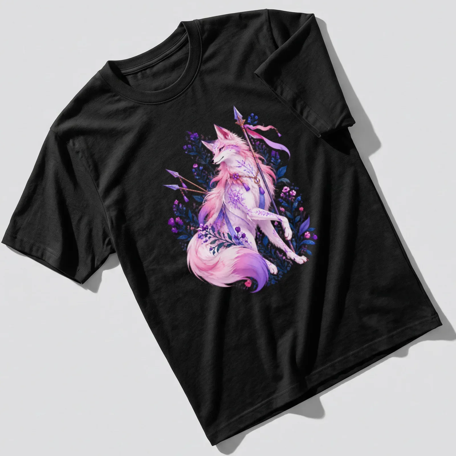 Fantasy art t-shirt featuring a mystical spirit fox in vibrant colors — printed on a unisex t-shirt
