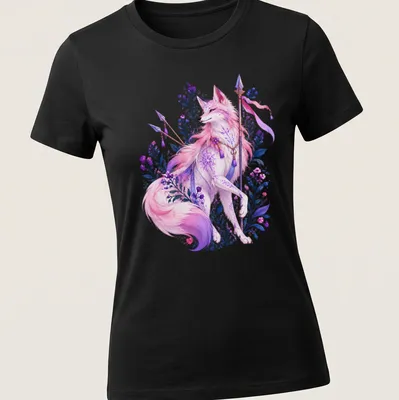 Fantasy art t-shirt featuring a mystical spirit fox in vibrant colors — printed on a women's shirt