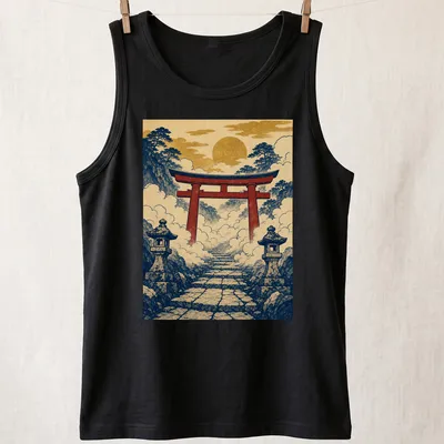 Vintage Japanese ukiyo-e print of a Shinto Torii Gate in clouds — printed on a tank top