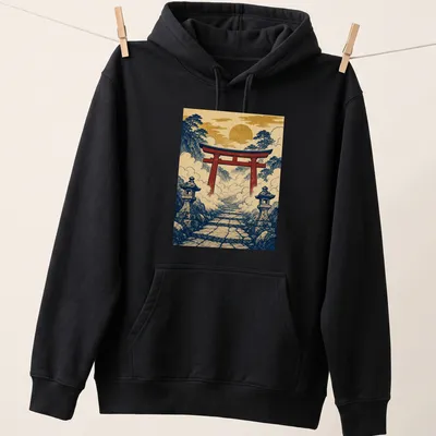 Vintage Japanese ukiyo-e print of a Shinto Torii Gate in clouds — printed on a unisex hoodie