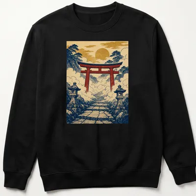 Vintage Japanese ukiyo-e print of a Shinto Torii Gate in clouds — printed on a unisex sweatshirt