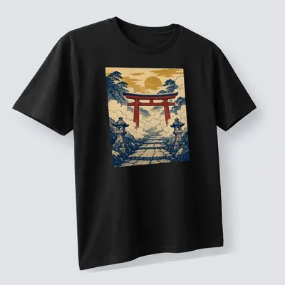 Vintage Japanese ukiyo-e print of a Shinto Torii Gate in clouds — printed on a unisex t-shirt (angled view)