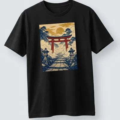Vintage Japanese ukiyo-e print of a Shinto Torii Gate in clouds