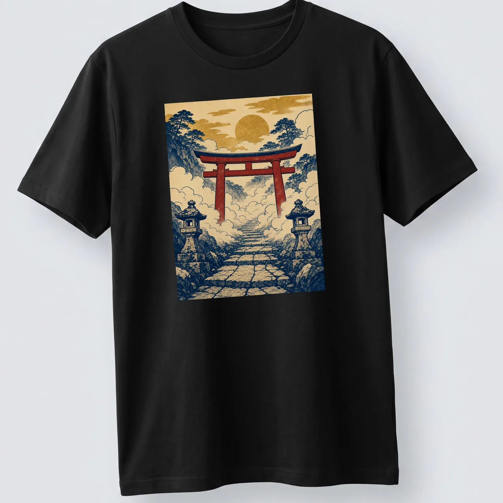 Vintage Japanese ukiyo-e print of a Shinto Torii Gate in clouds — printed on a unisex t-shirt